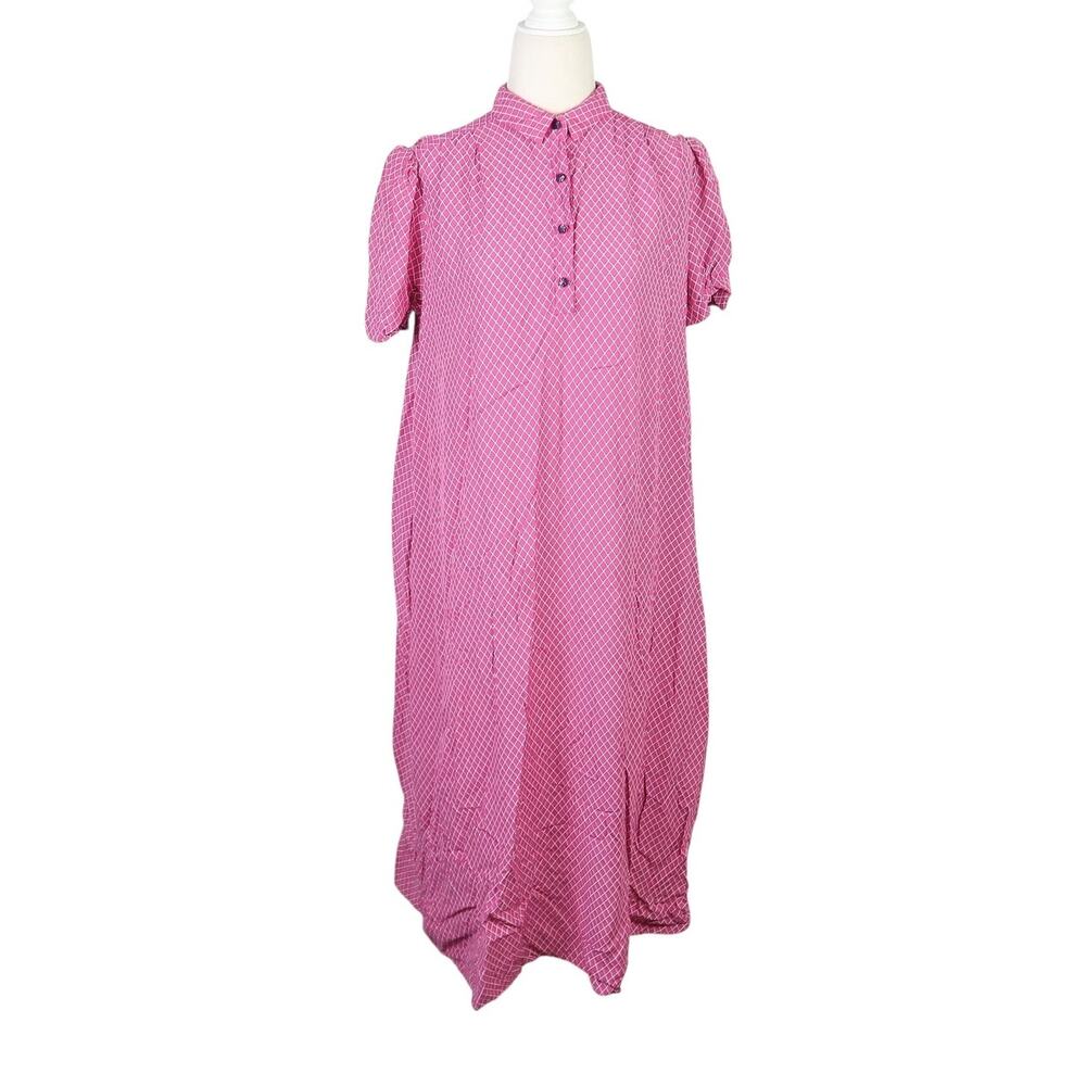Vintage 80s Jane Schaffhausen Pink Grid Print Loose Midi Dress 8